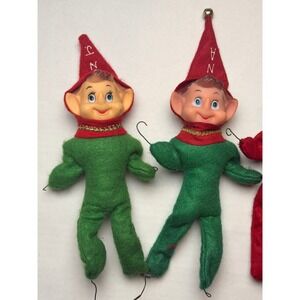 Vintage Christmas Elves Union Made Japan Dolls Red Green Felt Hats Ornaments Lot
